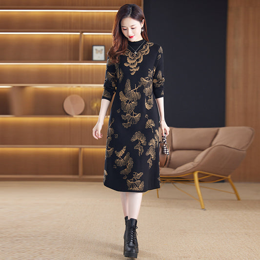 XIEYINSHE 2025Knitted sweater dress women's popular autumn and winter new fashion Popular style semi-turtleneck inner with loose age-reducing medium and long dress