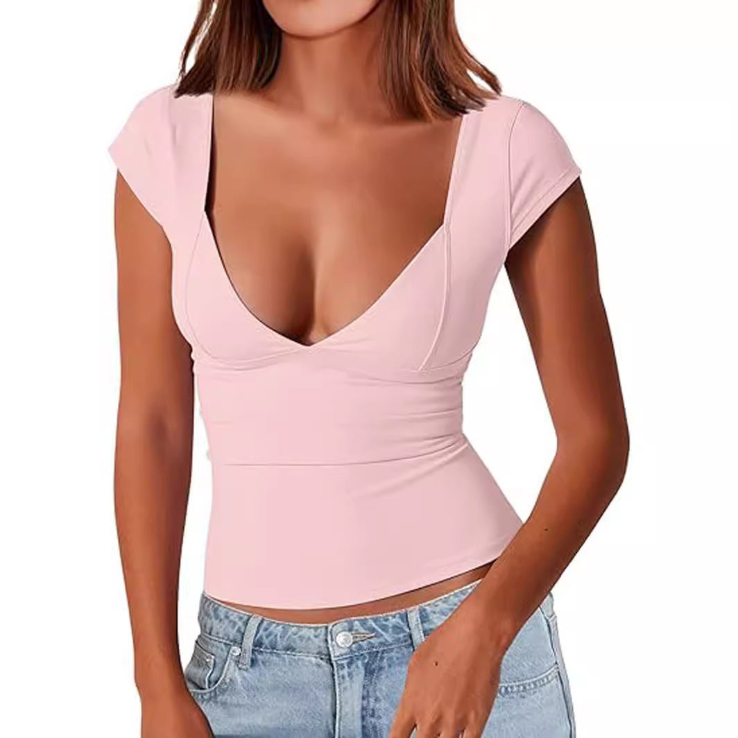 XIEYINSHE  Cross-Border Fashion Queen Women's Sexy Deep V-neck Backless Top Short Sleeve Slim Fit T-shirt Basic