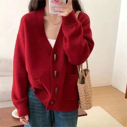 XIEYINSHE Korean version V-neck horn buckle knitted cardigan top New autumn and winter new soft waxy loose outer sweater women's coat