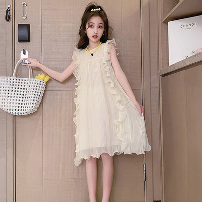 XIEYINSHE Girls Dress  Summer New Style Western Style Medium and Big Children Temperament Fairy Skirt Girls Ruffled Princess Dress Fashion