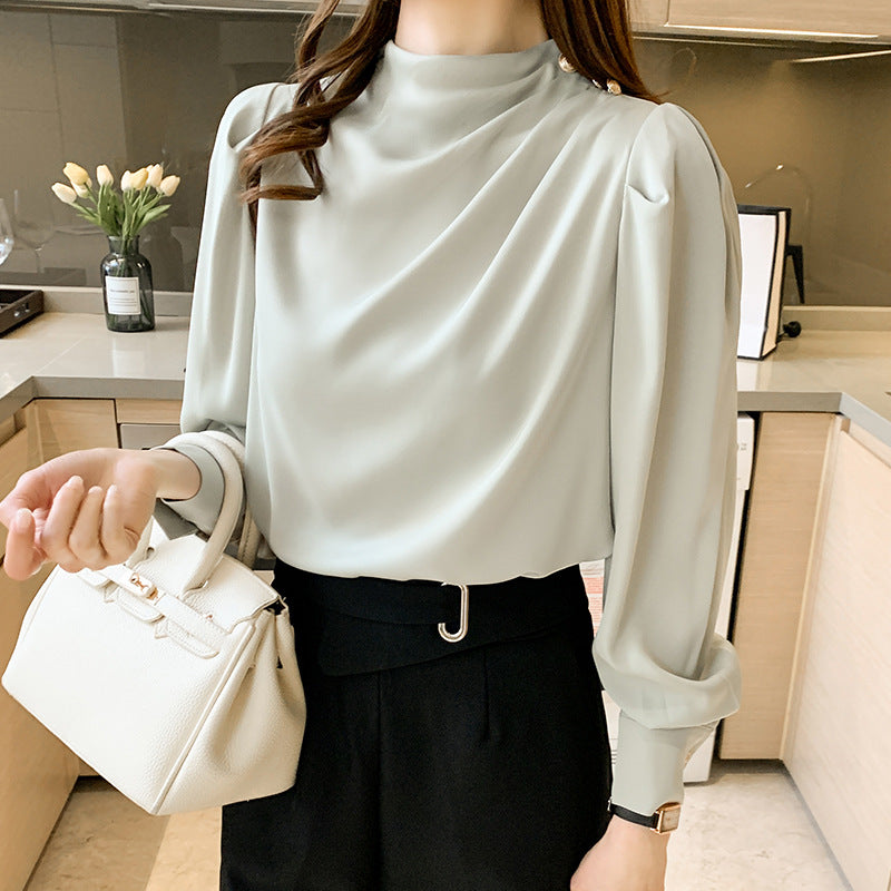 XIWYINSHE Foreign Trade Supply  Spring Young Graceful Stand Collar Pleated Lantern Sleeve Fashion Long Sleeve Top Loose Shirt Women