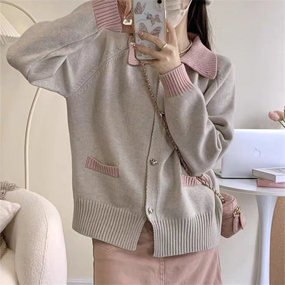 XIEYINSHE Autumn and winter new contrasting color lapel small fragrant knitted sweater jacket women's gentle wind versatile cardigan top women's trend