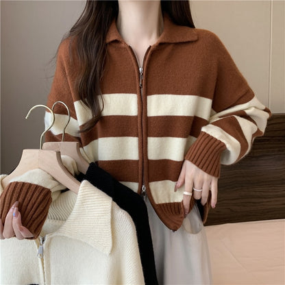 XIEYINSHE Striped knitted cardigan women's spring and autumn  lapel top loose lazy wind double zipper winter sweater versatile outside