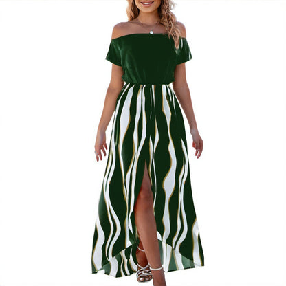 Cross Border Foreign Trade  Summer New Zebra Pattern off-the-Shoulder Waist Trimming Short-Sleeved Shorts Dress