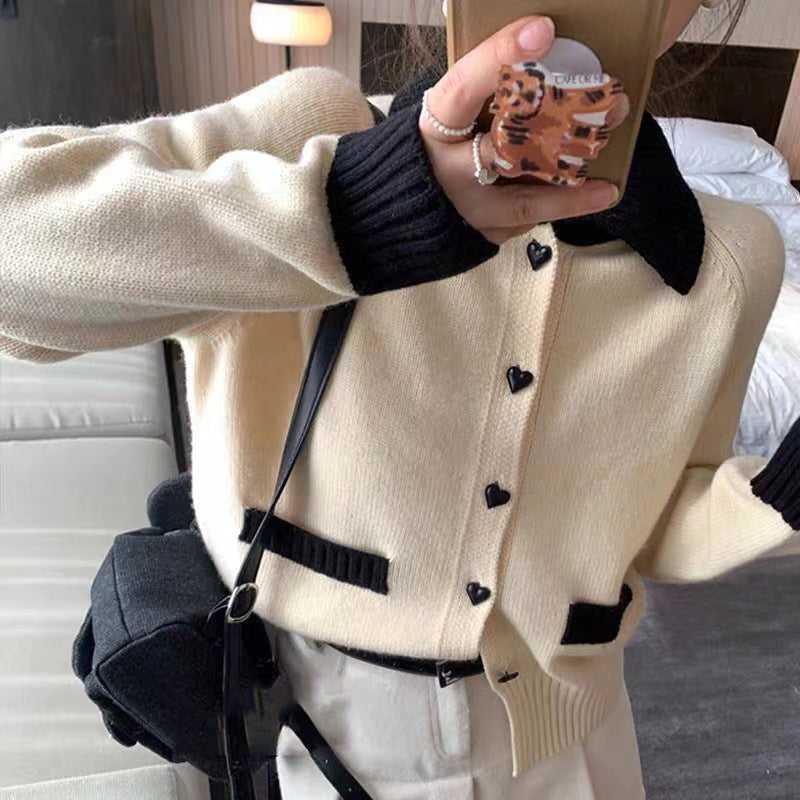 XIEYINSHE Autumn and winter new contrasting color lapel small fragrant knitted sweater jacket women's gentle wind versatile cardigan top women's trend