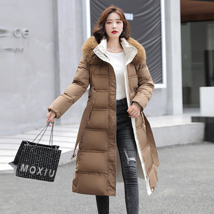 2023 winter new European and American down cotton clothes women's long over-knee big fur collar Korean version slim and thin belt cotton-padded clothes