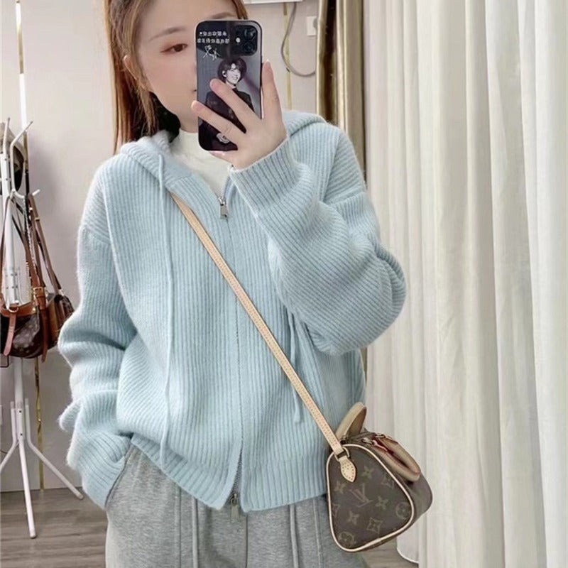 XIEYINSHE Hooded double zipper knitted cardigan autumn and winter new lazy style solid color top women's loose version thickened sweater jacket