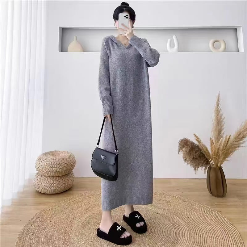 XIEYINSHE 2025Lazy hooded knitted dress women's popular autumn and winter new loose and thin outer with medium and long sweater women's coat