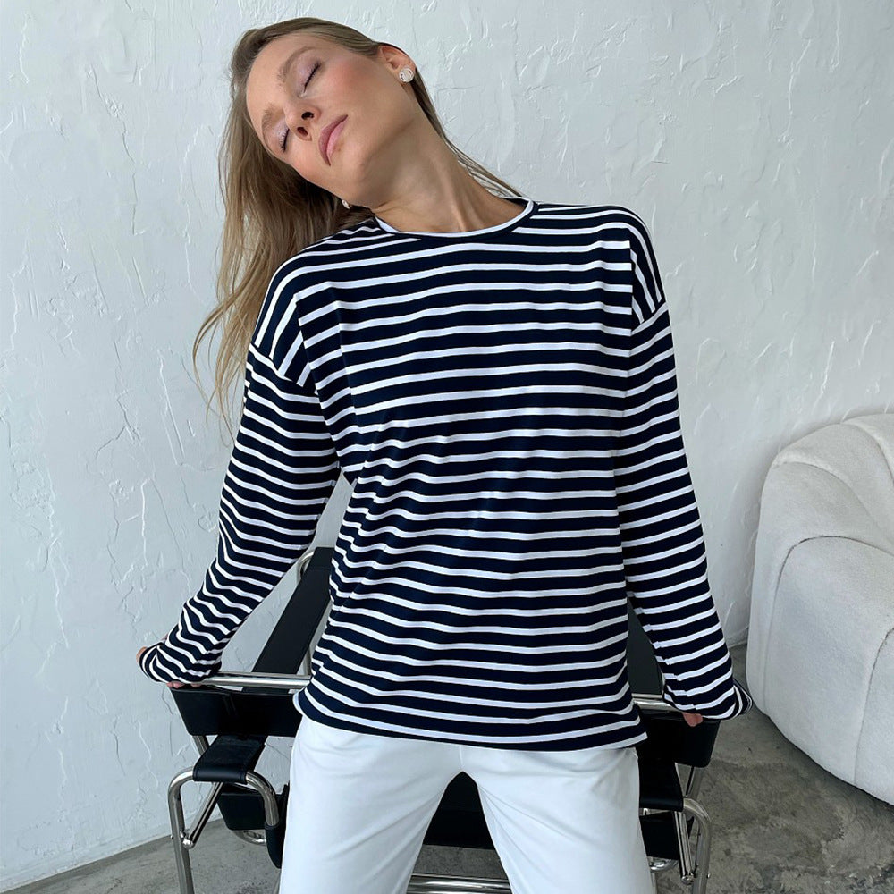 XIEYINSHE Cross-border, long-sleeved striped T-shirt, 2025 New spring fashion trend versatile casual round neck pure cotton striped T-shirt