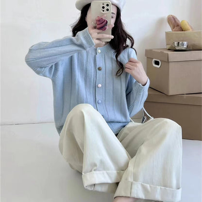 XIEYINSHE Autumn and winter solid color small fresh round neck color buckle cardigan New new simple versatile knitted sweater jacket top