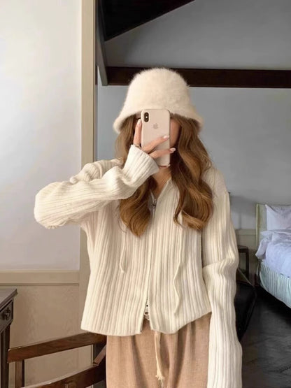 XIEYINSHE Hooded short knitted cardigan women's small sweater jacket spring and autumn Korean design sense double zipper fashion short