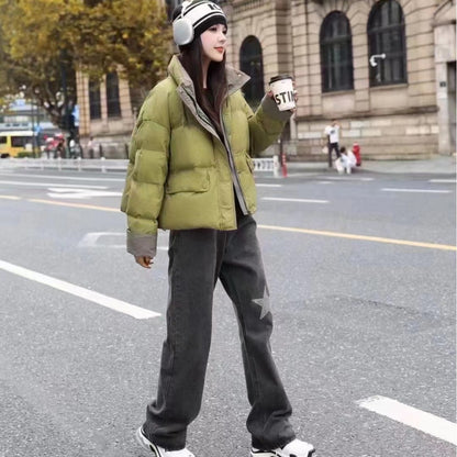 2023 winter new female Korean version fashion contrasting colors turned sleeves white duck down bread down jacket loose small people go out tide