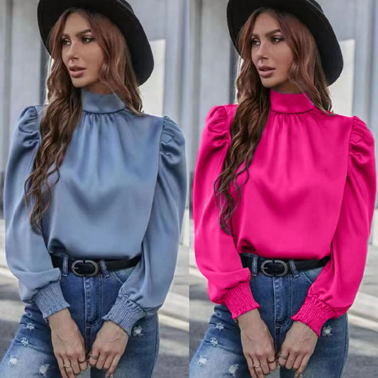 XIWYINSHE Cross Border New Commuter Silky Satin Solid Color Pleating round Neck Loose Long Sleeve Top Blouse
