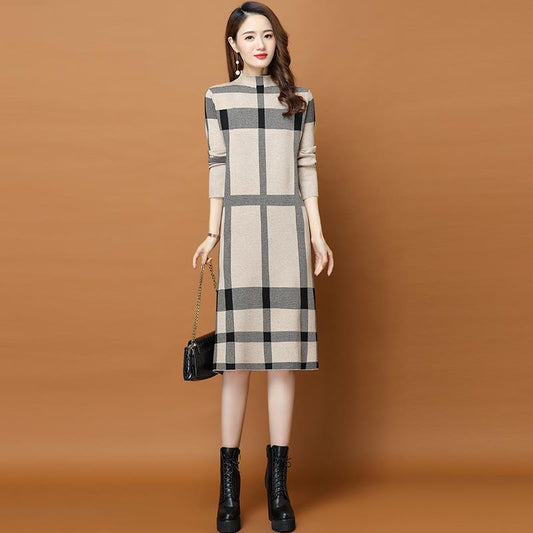 XIEYINSHE 2025popular autumn and winter new dress knee splicing semi-turtleneck loose with coat knitted sweater skirt medium and long