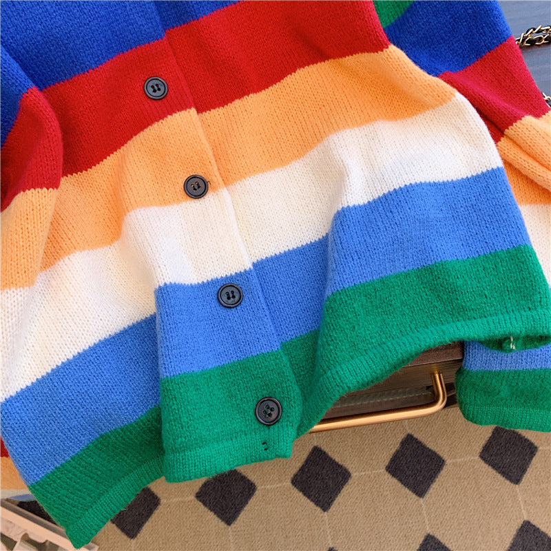 XIEYINSHE Korean retro contrasting color rainbow striped sweater women's autumn and winter new Hong Kong-style chic crew neck fashion knitted cardigan