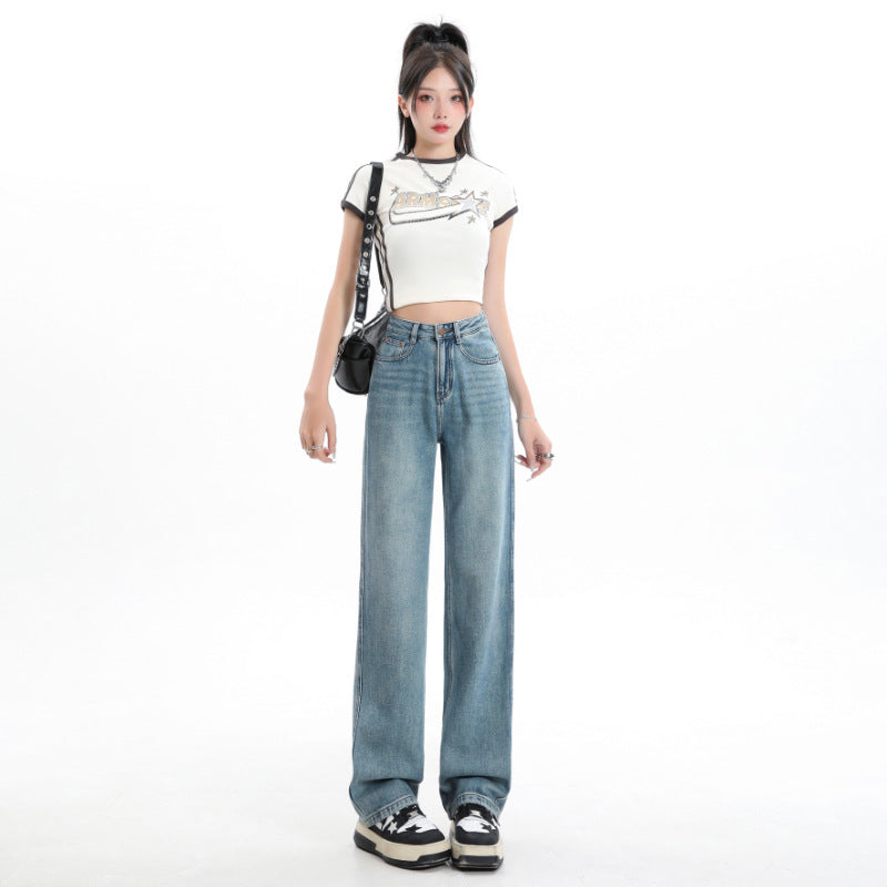 Straight Jeans Women's Summer Thin High Waist Slimming Small Narrow Loose Drooping Mop Wide Leg Trousers Women