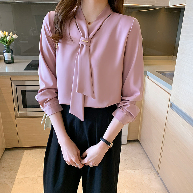 XIWYINSHE Chiffon Shirt Women's Bow Tie  Spring New  Loose Long Sleeve Commuting Elegant V-neck Top