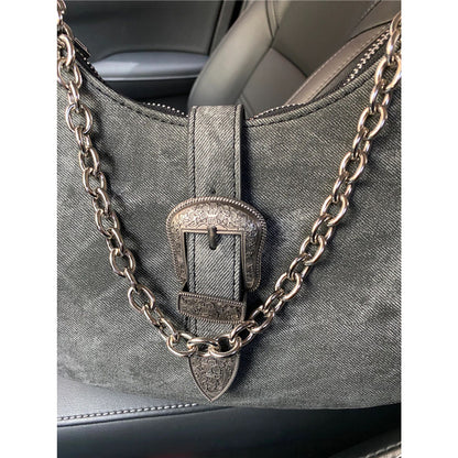 XIEYINSHE Niche Bag Female 2022 New High Sense New Moon Bag Retro Shoulder Bag Graphite Underarm Bag Chain Handbag