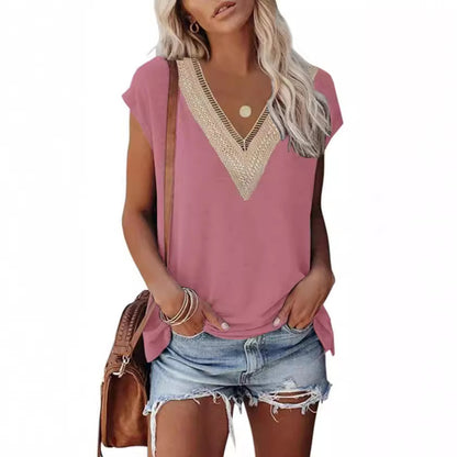 XIEYINSHE  T-shirt New V-neck Lace Stitching Short Sleeve Casual Loose Top   European and American Summer Fashion Women's Wear