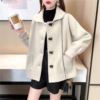 XIEYINSHE New autumn new knitted cardigan women's horn buckle imitation double-sided tweed coat Korean version loose thickened woolen coat