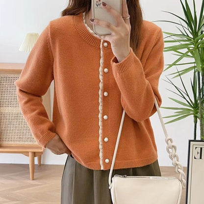 XIEYINSHE Autumn and winter crew neck casual knitted jacket versatile pearl buckle fresh and sweet college style sweater cardigan top women