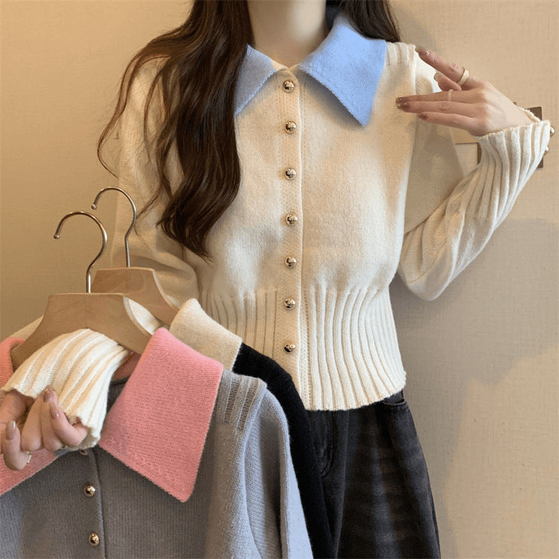 XIEYINSHE Korean contrasting color Polo lapel knitted sweater cardigan women's autumn and winter New new slim-fitting and thin short top