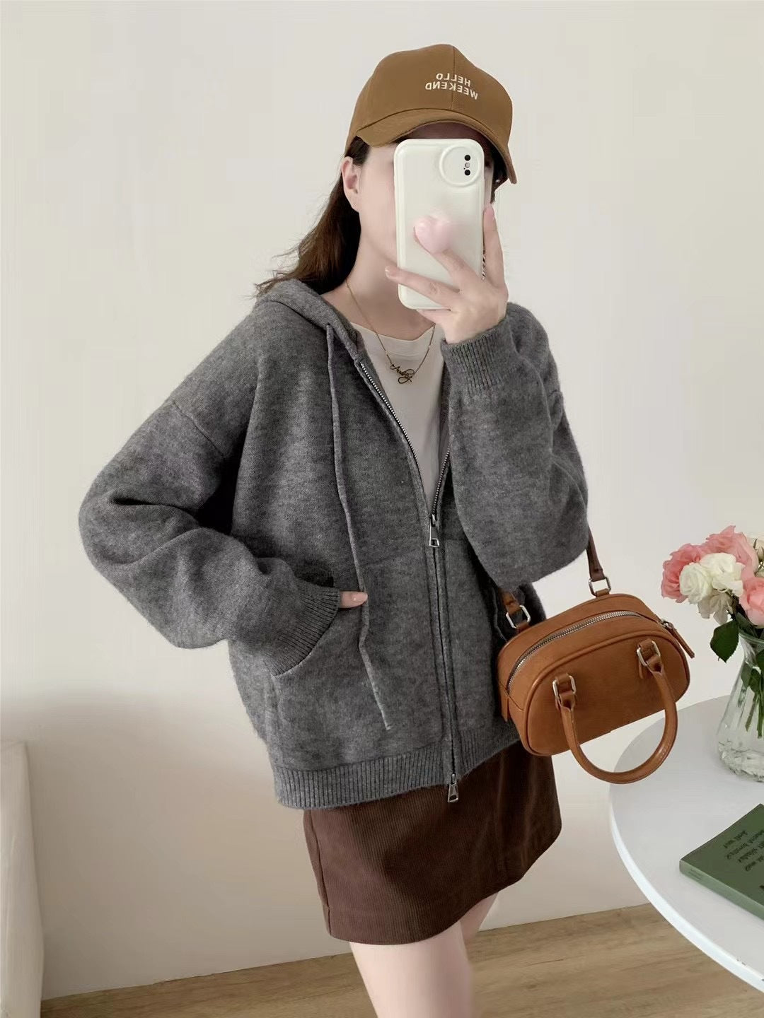 XIEYINSHE Autumn and winter new solid color hooded pocket knitted cardigan jacket double zipper casual lazy wind sweater top women