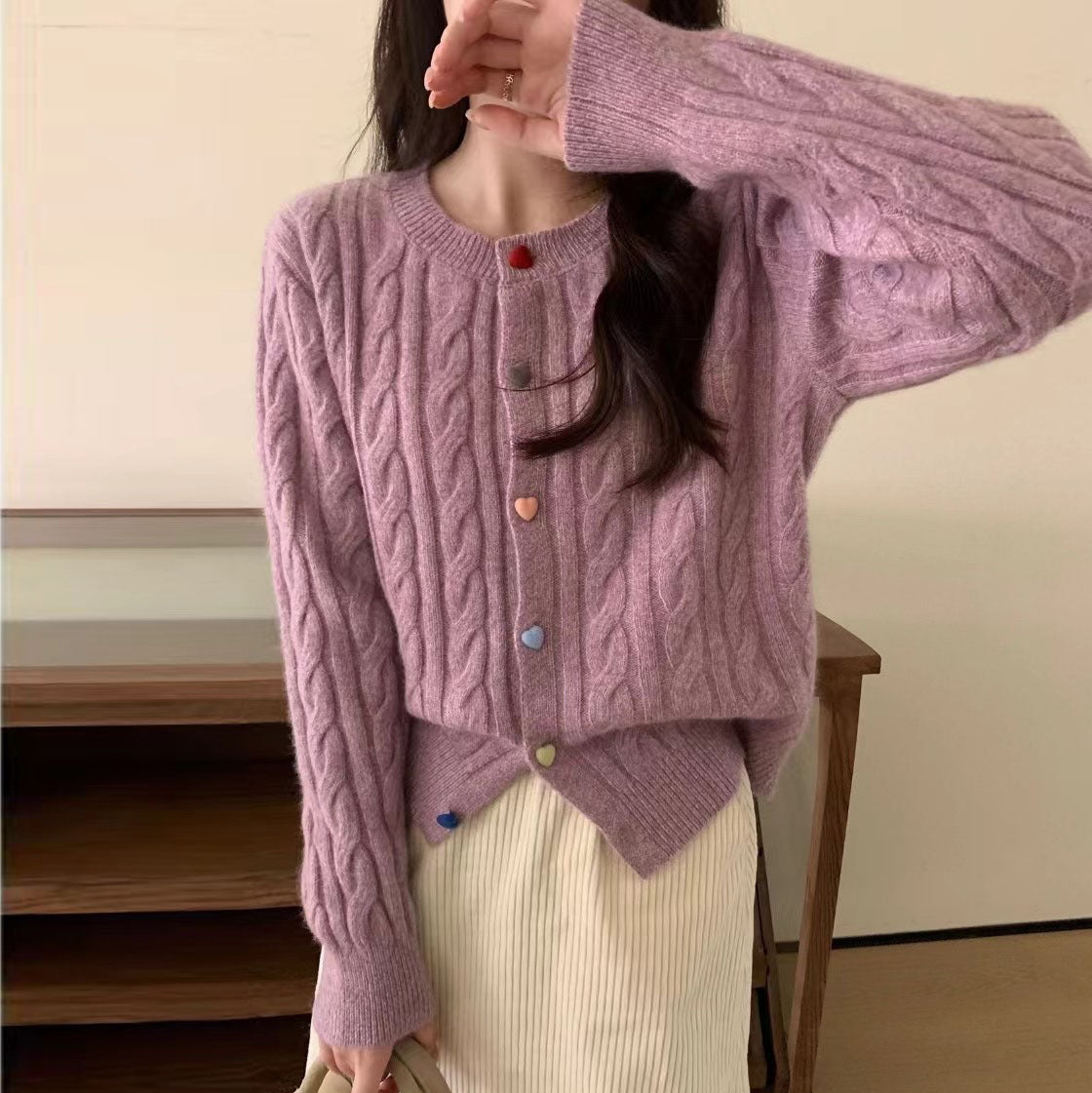 XIEYINSHE New Korean version of spring new solid-color round neck knitted cardigan colored love buckle soft waxy loose sweater women's top