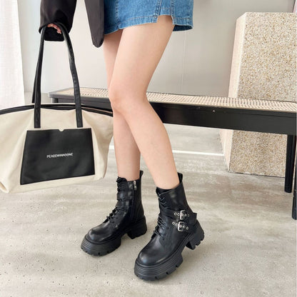 Autumn and Winter New Thick Bottom Chunky Heel Knight Middle Boots Black Small British Style Martin Boots Short Boots for Women