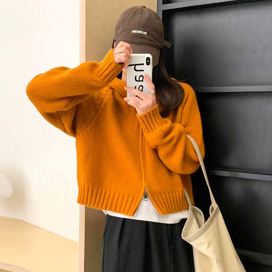 XIEYINSHE Autumn and winter new hooded zipper sweater jacket women's Korean simple soft waxy loose lazy wind knitted cardigan top