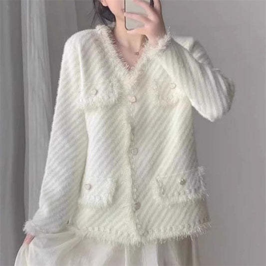 XIEYINSHE Imitation mink chic small fragrant coat women's New autumn new loose soft waxy short fringed edge knitted cardigan