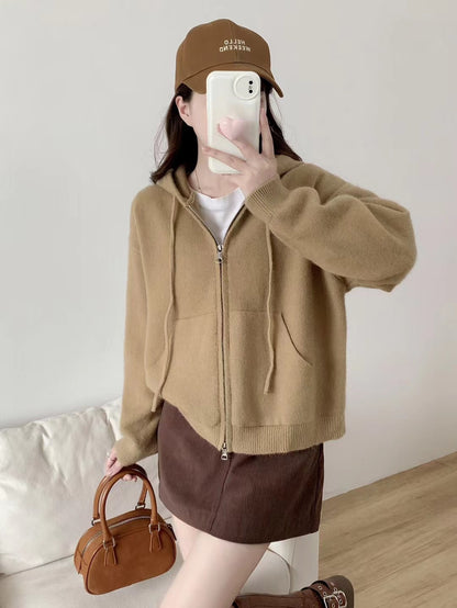 XIEYINSHE Autumn and winter new solid color hooded pocket knitted cardigan jacket double zipper casual lazy wind sweater top women