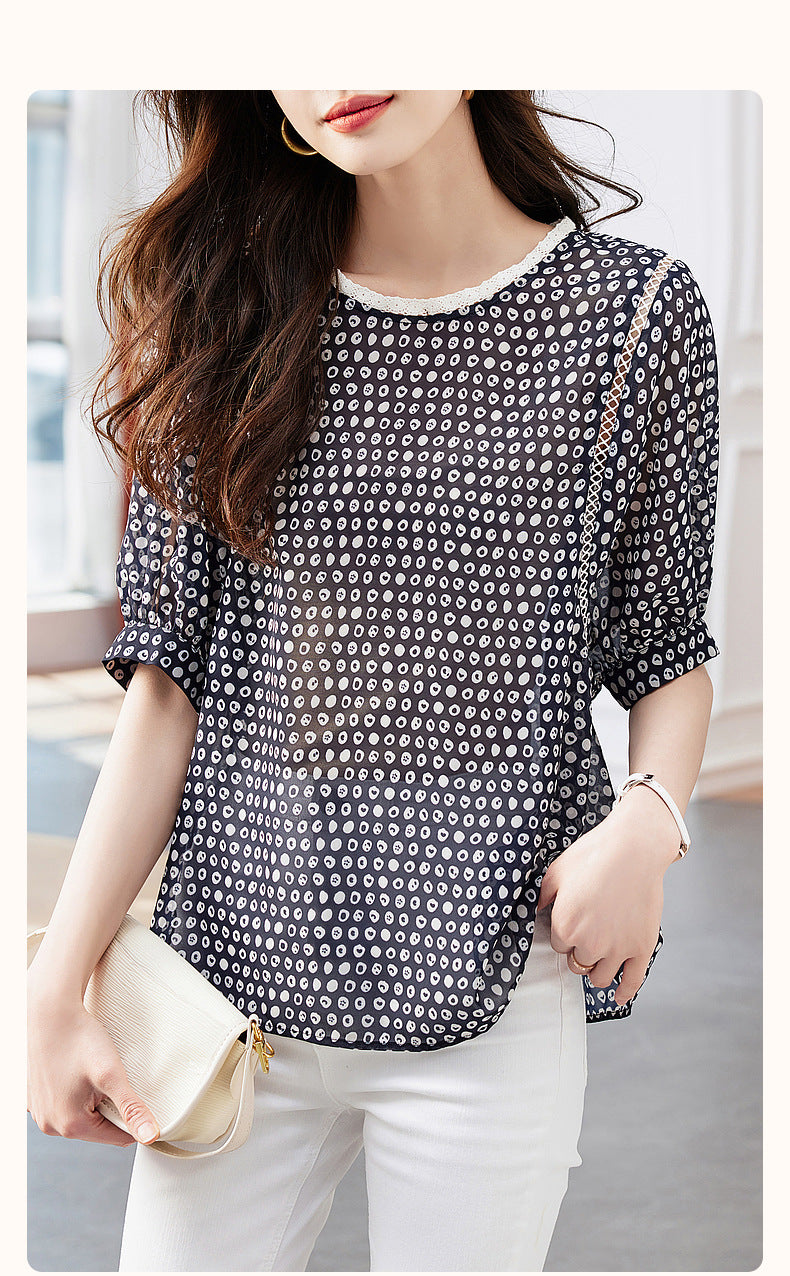 XIWYINSHE Dotted Prints Short-Sleeved Shirt for Women  Summer New Lace Patchwork round Neck Graceful and Fashionable Top