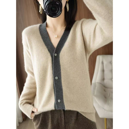 XIEYINSHE Lazy wind loose color matching knitted cardigan jacket women's New new v-neck age-reducing outer sweater top tide