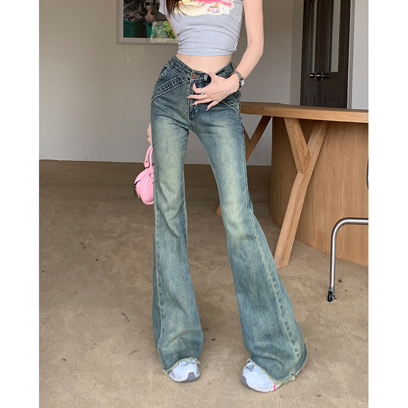 American Retro Hot Girl Low Waist Slightly Flared Jeans Women's Autumn New Washed Frayed Hem Elastic Slim Fit Slimming Trousers