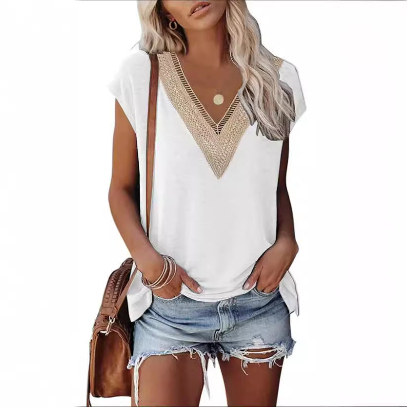 XIEYINSHE  T-shirt New V-neck Lace Stitching Short Sleeve Casual Loose Top   European and American Summer Fashion Women's Wear