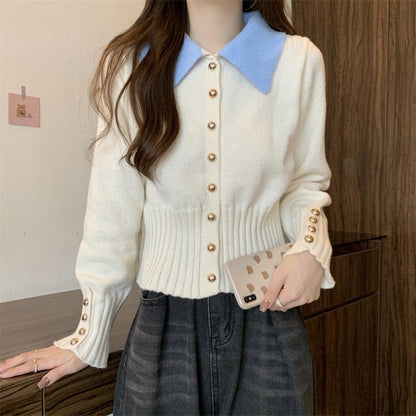 XIEYINSHE Korean contrasting color Polo lapel knitted sweater cardigan women's autumn and winter New new slim-fitting and thin short top