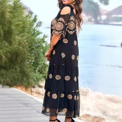 XIEYINSHE  Cross-Border Summer Fashion New Middle-Aged Mom Hollow Dress Short Sleeve Loose Overknee Printed Dress