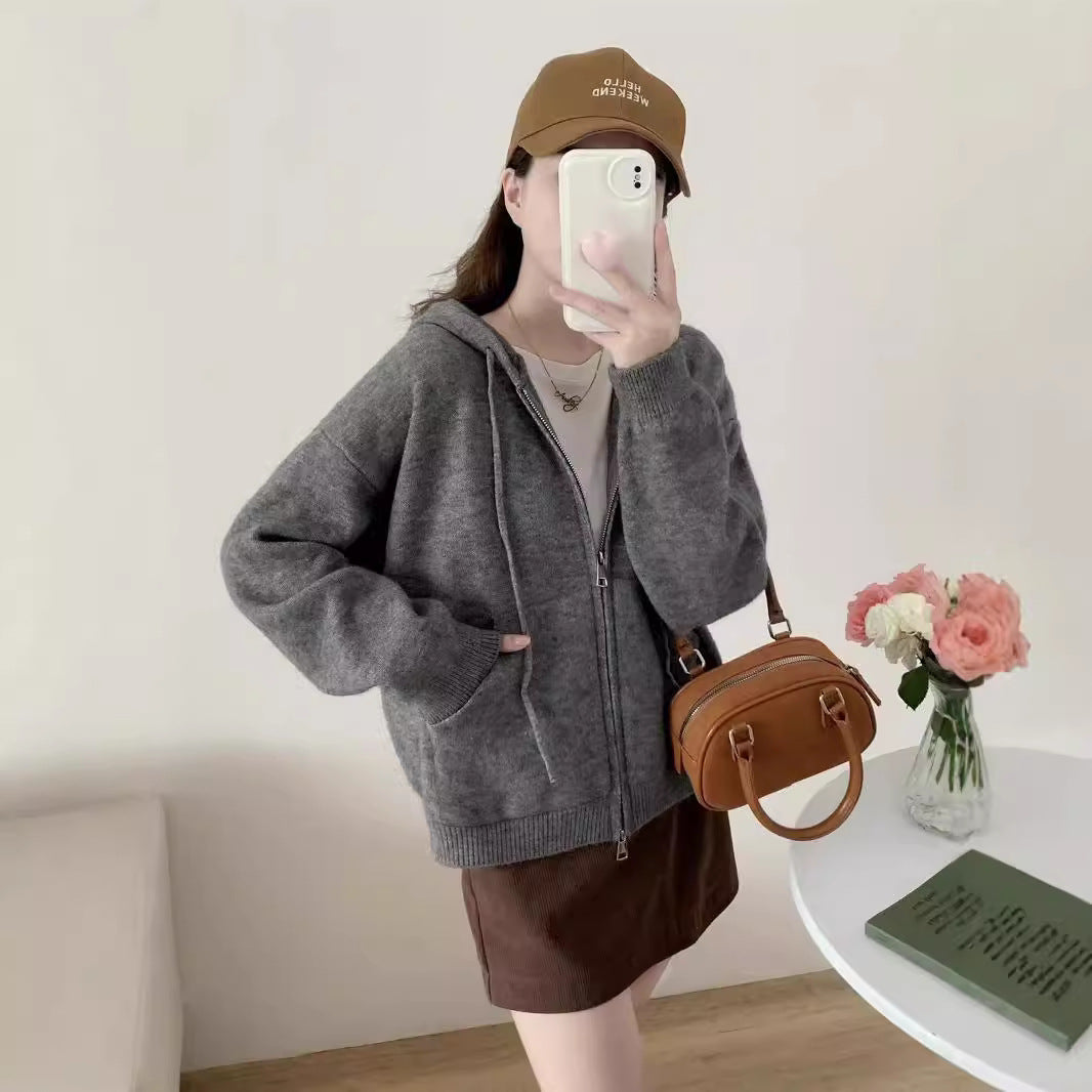 XIEYINSHE Autumn and winter new solid color hooded pocket knitted cardigan jacket double zipper casual lazy wind sweater top women