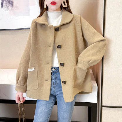 XIEYINSHE New autumn new knitted cardigan women's horn buckle imitation double-sided tweed coat Korean version loose thickened woolen coat