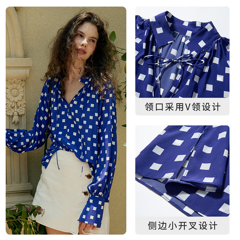 XIWYINSHE Spring New V-neck Silk Shirt Women's Top Retro Loose Lantern Sleeve Fashion Mulberry Silk Long Sleeve Shirt Fashion