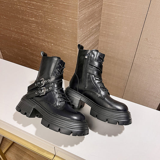 Autumn and Winter New Thick Bottom Chunky Heel Knight Middle Boots Black Small British Style Martin Boots Short Boots for Women