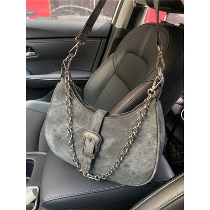 XIEYINSHE Niche Bag Female 2022 New High Sense New Moon Bag Retro Shoulder Bag Graphite Underarm Bag Chain Handbag