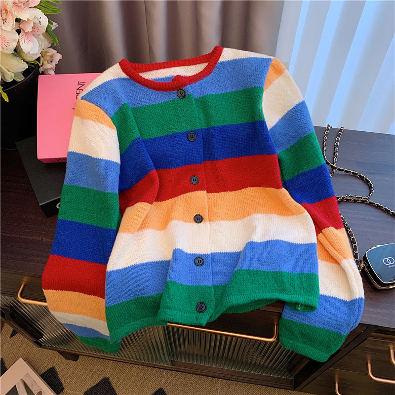 XIEYINSHE Korean retro contrasting color rainbow striped sweater women's autumn and winter new Hong Kong-style chic crew neck fashion knitted cardigan