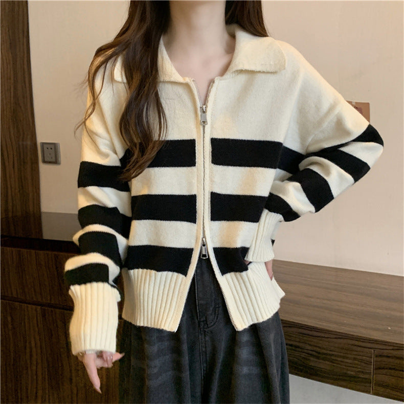 XIEYINSHE Striped knitted cardigan women's spring and autumn  lapel top loose lazy wind double zipper winter sweater versatile outside