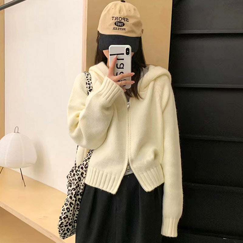 XIEYINSHE Autumn and winter new hooded zipper sweater jacket women's Korean simple soft waxy loose lazy wind knitted cardigan top