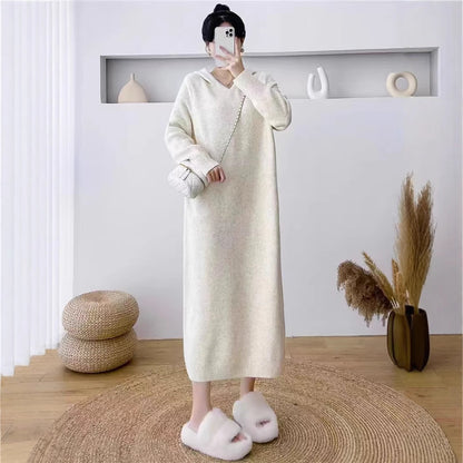 XIEYINSHE 2025Lazy hooded knitted dress women's popular autumn and winter new loose and thin outer with medium and long sweater women's coat