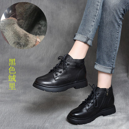 Autumn and Winter New Mori Girl Handsome Retro Cowhide Lace-up Flat-Heeled British Style Ankle Boots Knight Boots Martin Boots