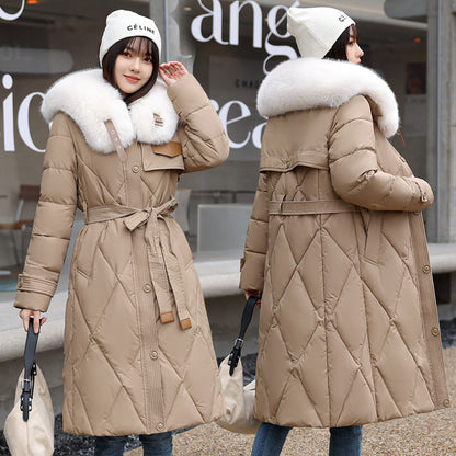 European and American white fur collar down cotton clothes women's winter 2023 new thin fashion medium and long knee waist coat coat