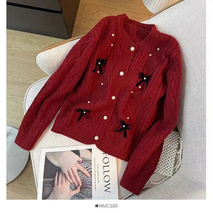 XIEYINSHE Autumn new product red soft waxy beaded sweater sweet knitted cardigan high-end twist short versatile coat women